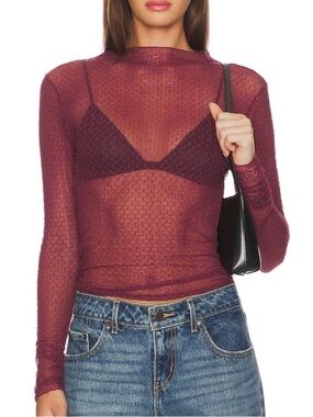 Free People Minding My Business Sheer Long-Sleeve Mesh Top in Berry Small